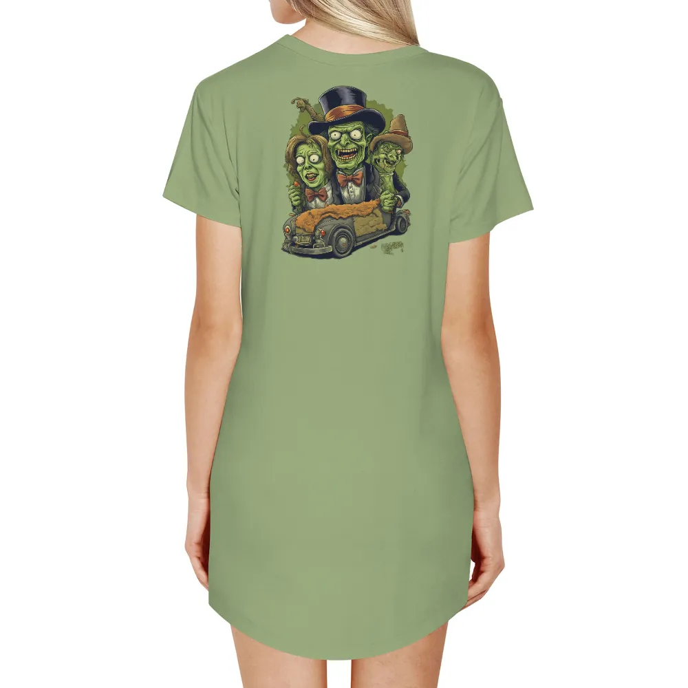 T-Shirts Design: Zombie Friends in Vintage Car - Funny & Quirky|Three zombies in vintage clothing