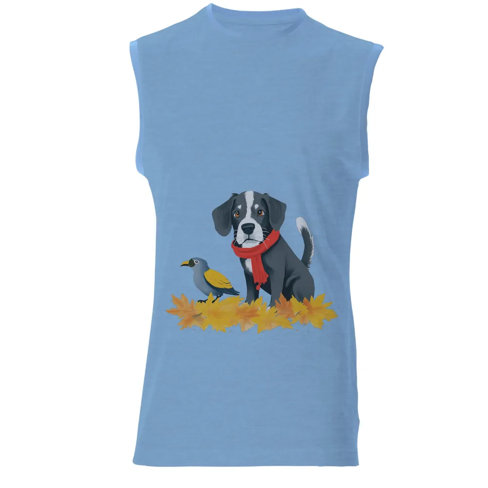 Custom Tee Shirts: Autumn Companions - Dog and Bird in Fall Leaves|men larry bird jersey