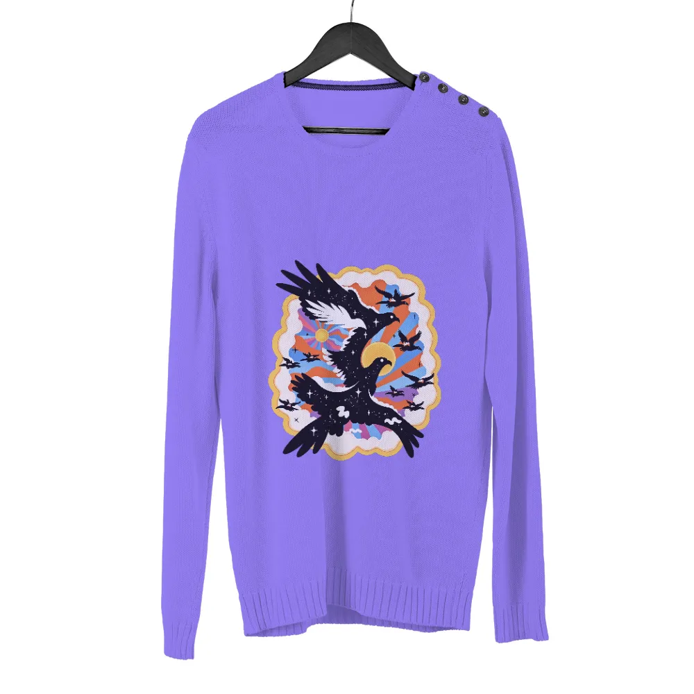 Ravens in Flight: A Journey Through Time and Space | T-Shirt Printing| bold colors