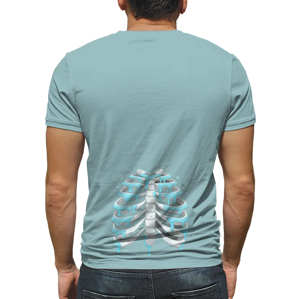 T-Shirts Design: Ribcage Art with Dripping Blue Paint| Surreal ribcage design