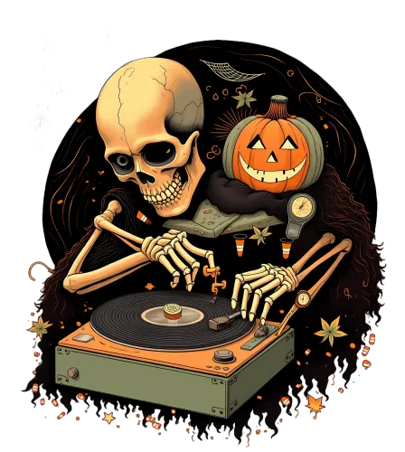 Tee Shirts Printed: Halloween Skeleton DJ | Vinyl Records & Pumpkin Fun