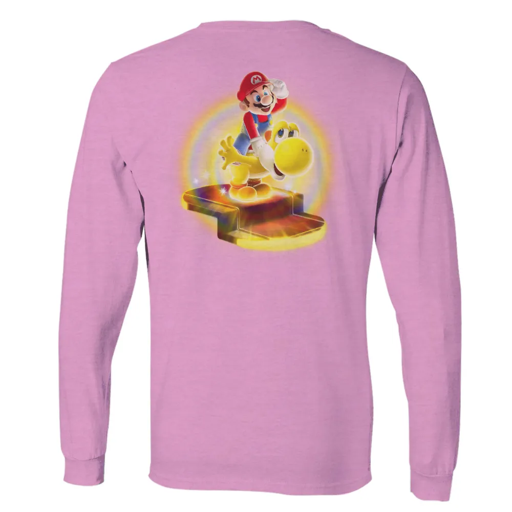 Graphic Tees: Mario and Yoshi Adventure - Gaming Friendship|white long sleeve shirt with rainbow stripe