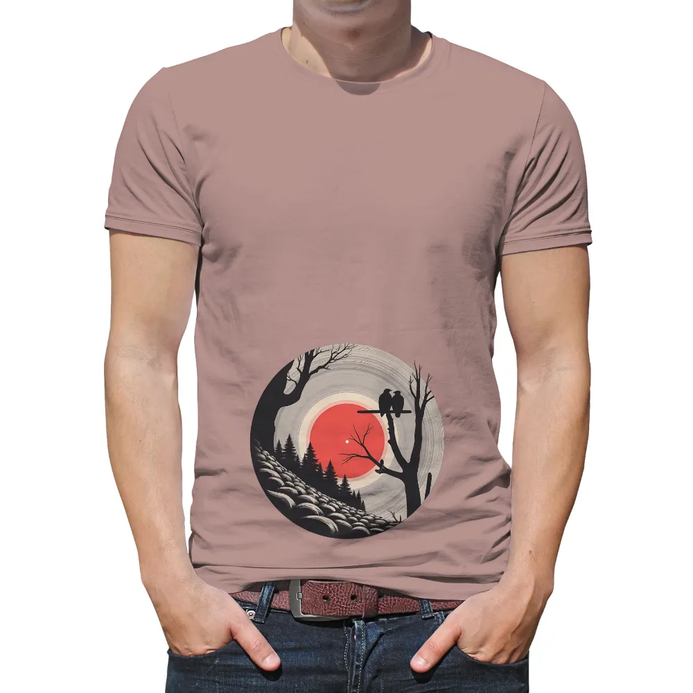 T-Shirt Printing: Serene Red Sun and Birds Silhouette | Artistic Design| rocky terrain