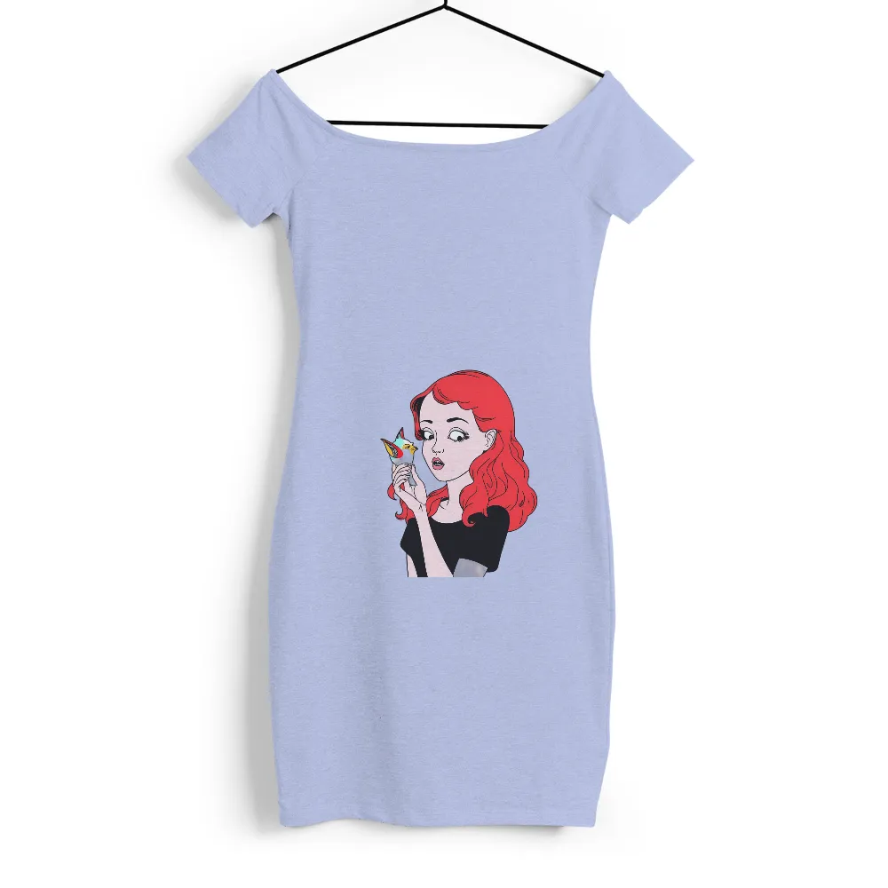 TShirt Design: Red Hair Woman with Bird - Nature's Harmony| Vibrant colors