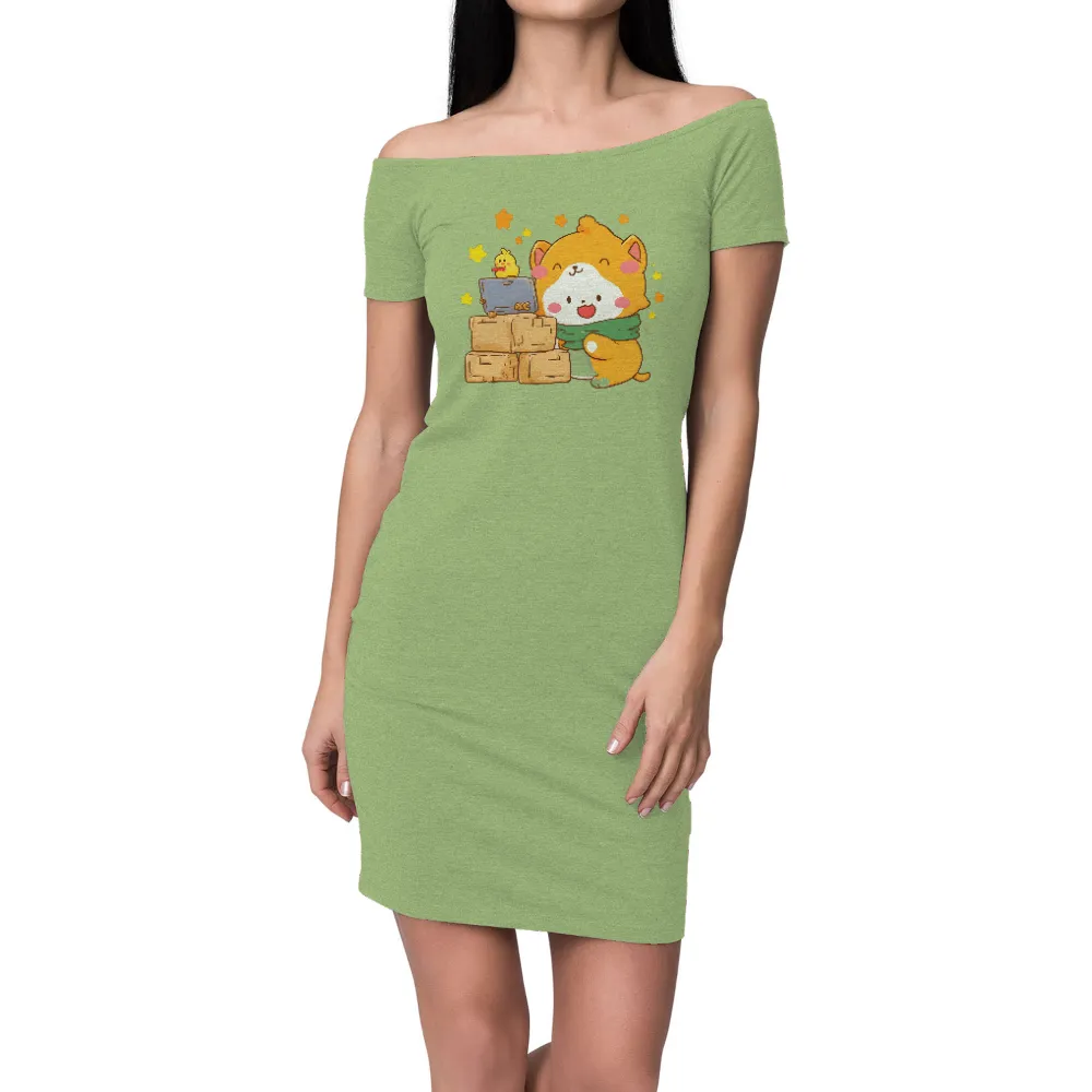 T-Shirts Design: Whimsical Animal Character with Cardboard Boxes|Charming orange animal character