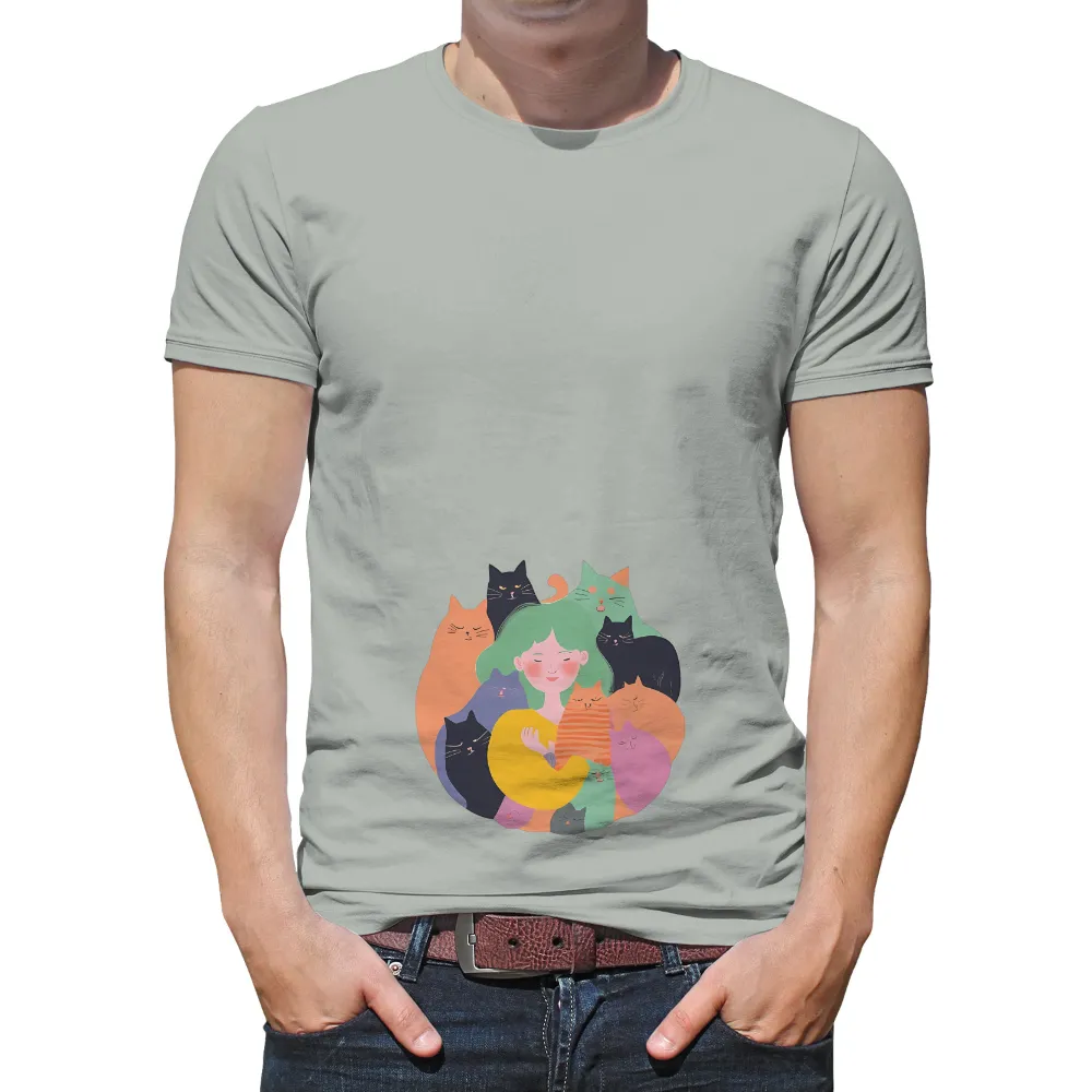 T-Shirts Pattern: Girl Surrounded by Cats - Love and Companionship|love sales shirts