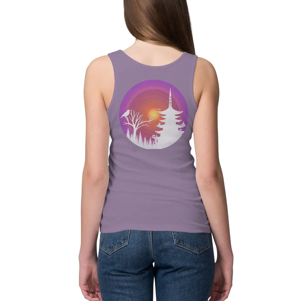 T-Shirt Printing: Serene Pagoda Sunset - Artistic Design| bird perched on a branch