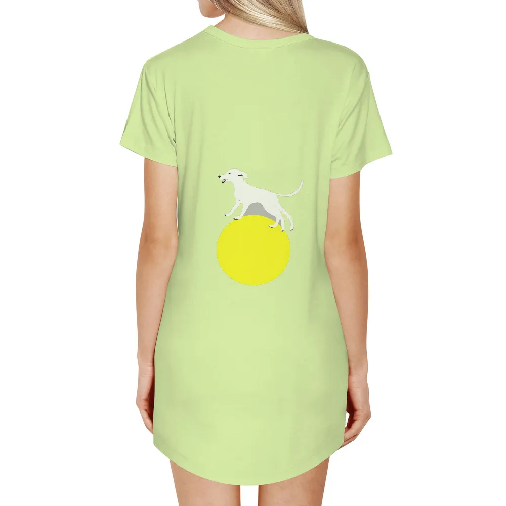 Custom Tee Shirts: Luna's Joyful Adventure - Playful Dog on Yellow Ball|mardi gras bead dog shirt