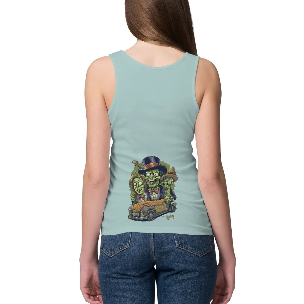 T-Shirts Design: Zombie Friends in Vintage Car - Funny & Quirky| Zombies with a cigar