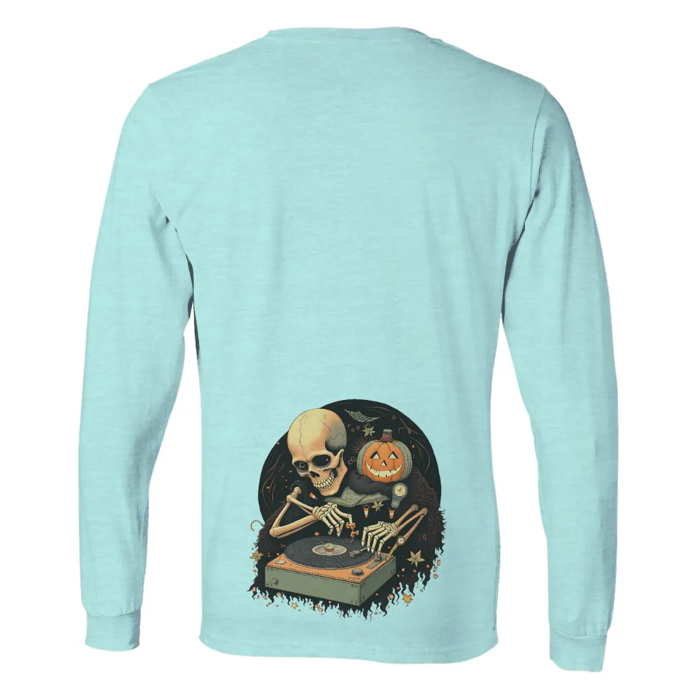 Tee Shirts Printed: Halloween Skeleton DJ | Vinyl Records & Pumpkin Fun| autumn leaves