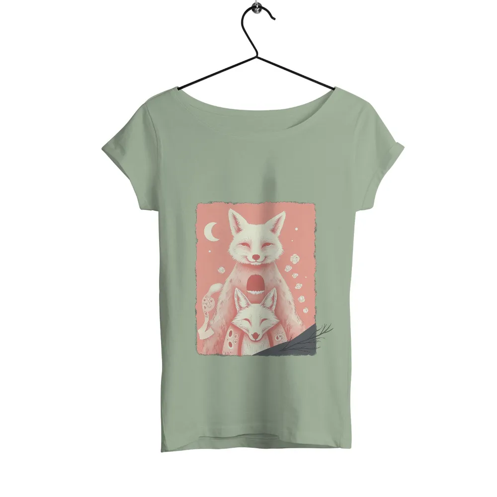 Tee Shirts Printed: Serene Foxes Under the Crescent Moon| Smaller fox nestled in embrace