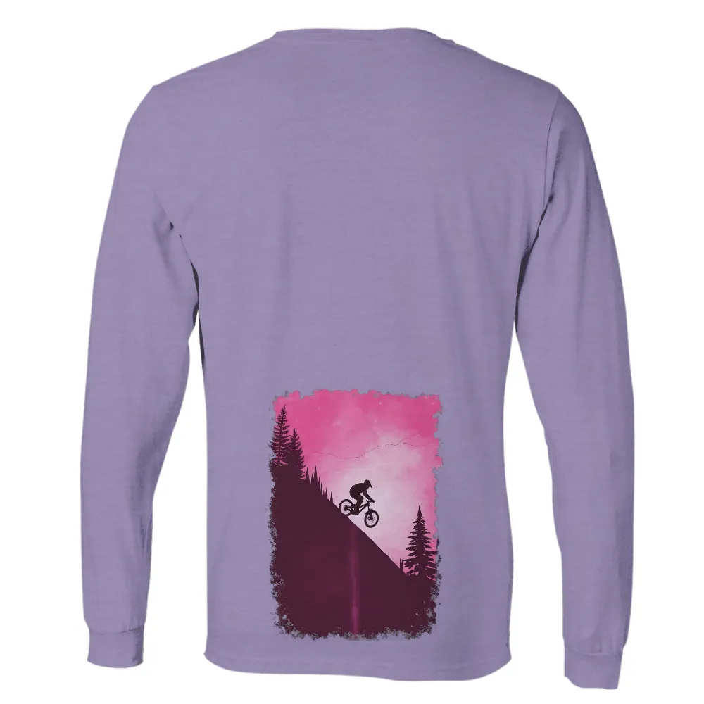 Customized Tee Shirts: Mountain Biking Adventure in Pink Sky| thrilling moment in nature