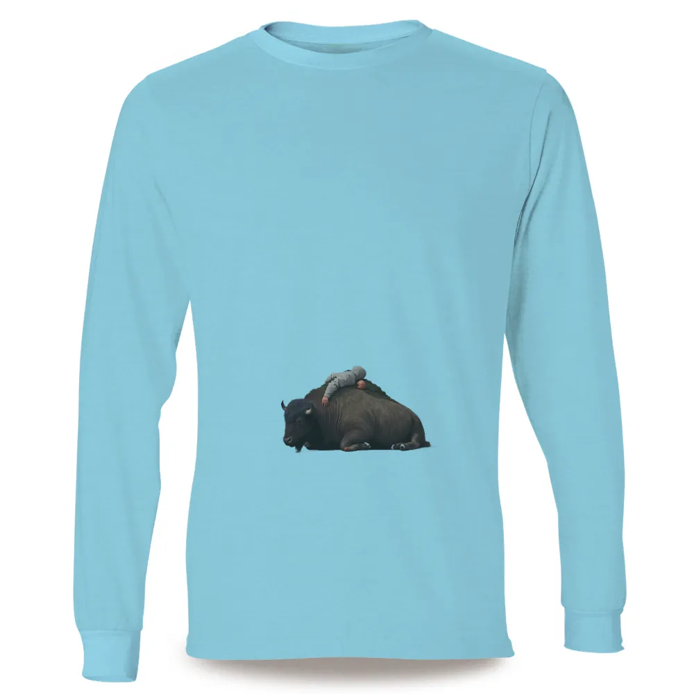 Tee Shirts Printed: Child and Bison - Nature's Harmony|Child resting on a bison