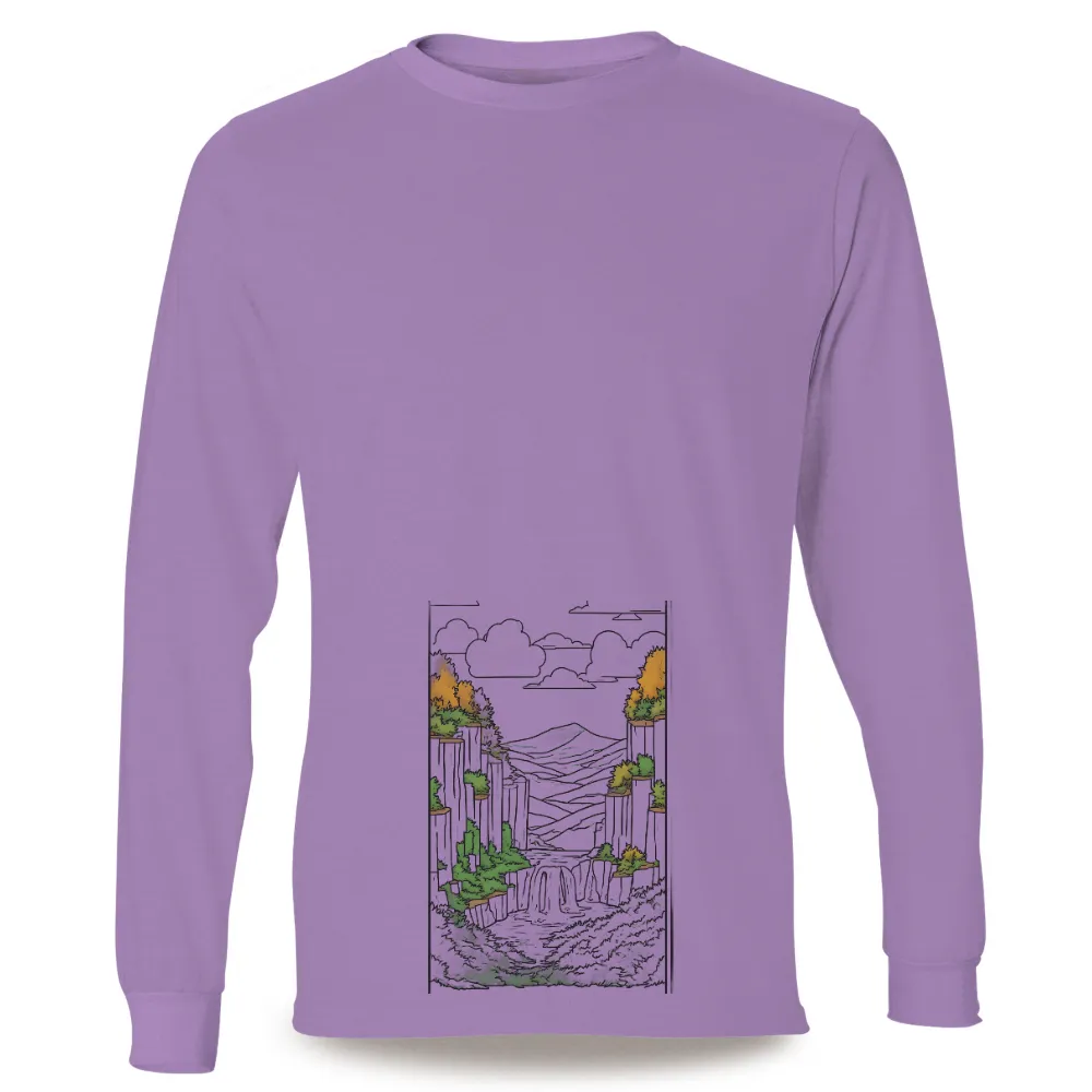 Customized Tee Shirts: Serene Waterfall in a Glowing Forest|t shirt painting on nature