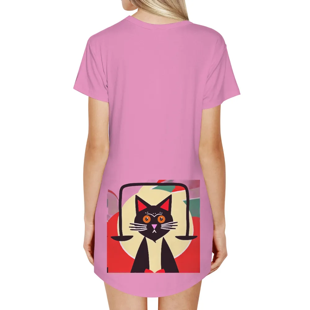 Whiskers Tee Shirt Printing | Artistic Cat Design|Charming black cat with amber eyes and a red bow