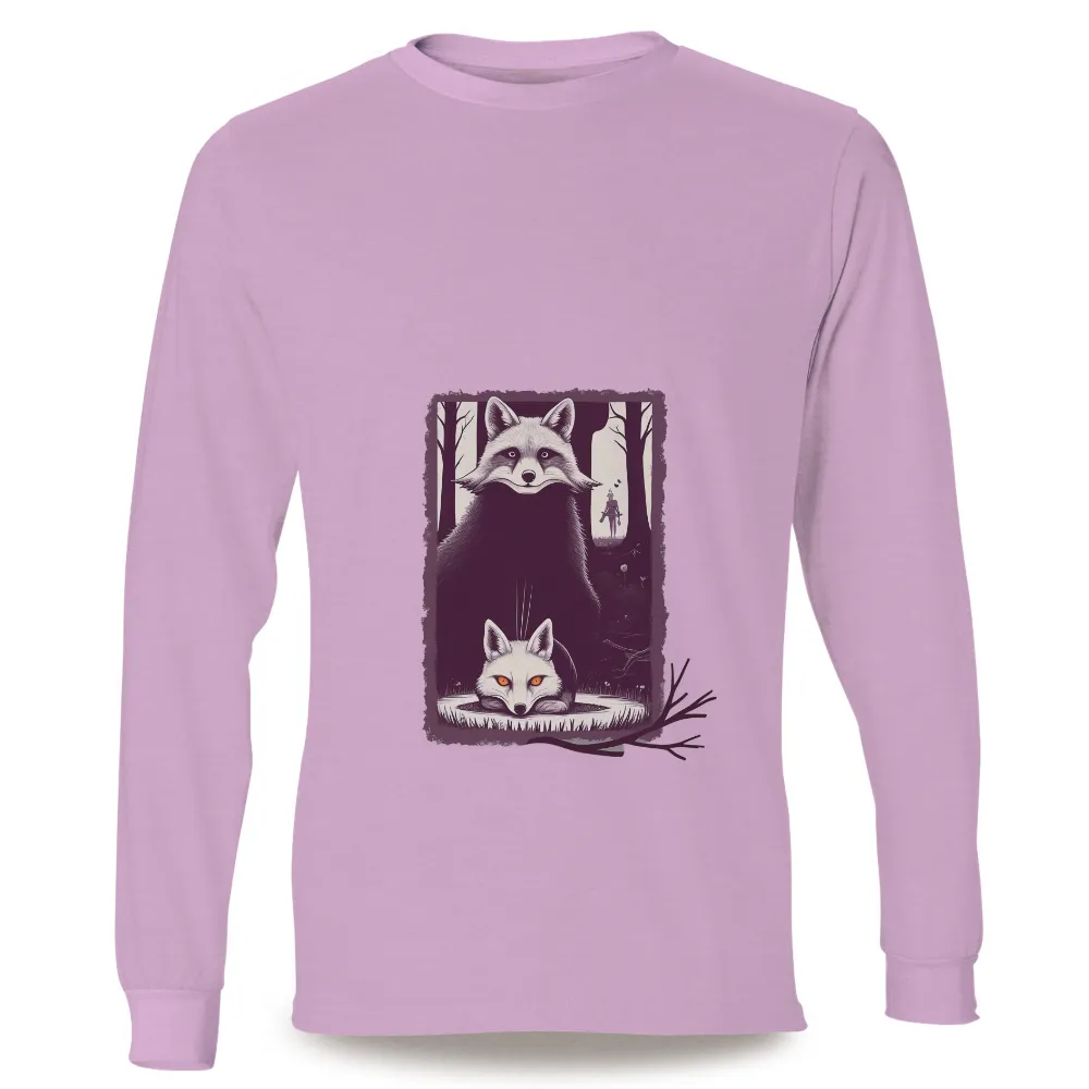 Tee Shirts Printed: Enigmatic Foxes in the Dark Forest| Deep purple background