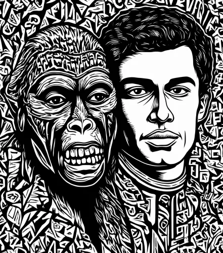 T-Shirts Design: Human and Ape Faces - Thought-Provoking Art