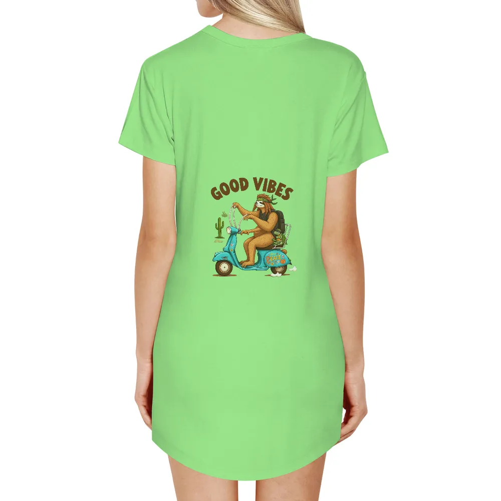 T-Shirts Design: Good Vibes Sloth Adventure| Turtle on the back seat