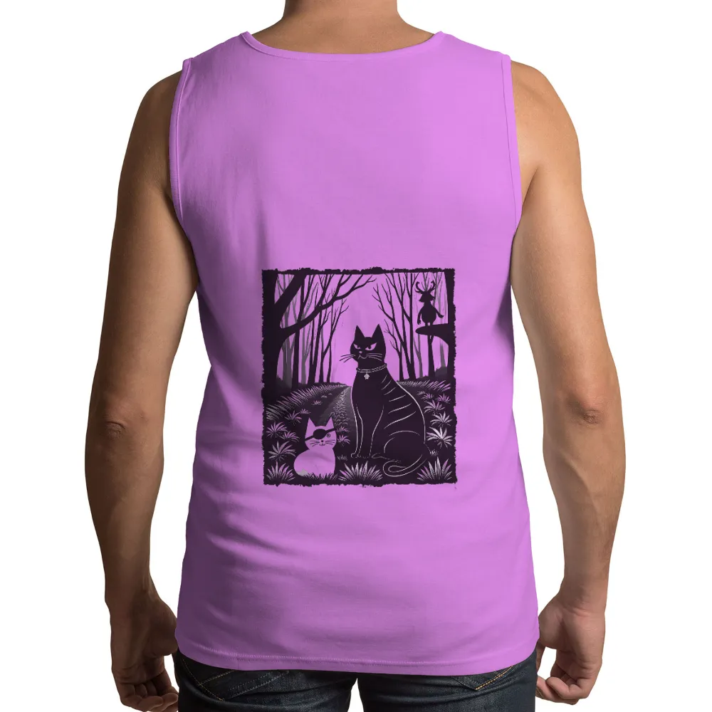 T-Shirt Printing: Enchanting Cats in the Dark Forest| Tall slender trees