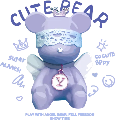 T-Shirts Pattern: Adorable Purple Teddy Bear with Lace Collar and Sparkling Gem