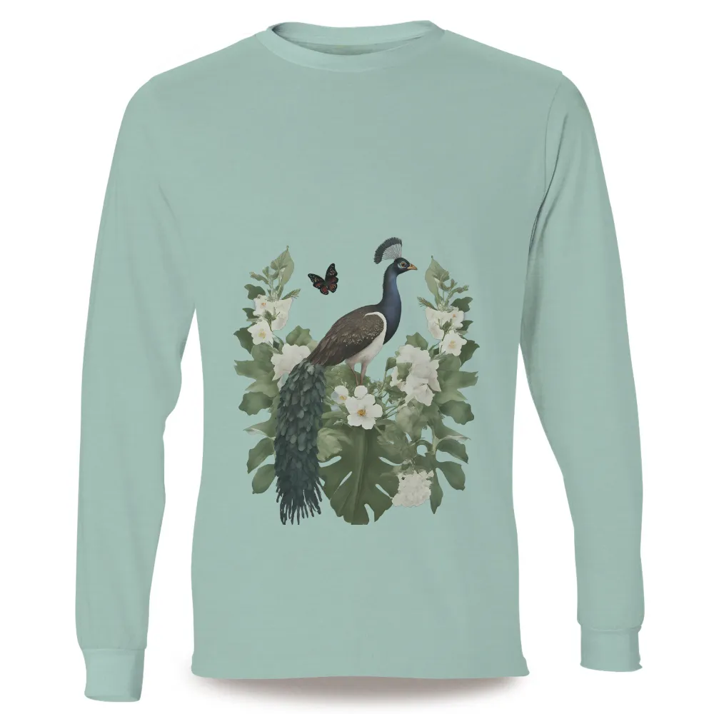 T-Shirt Printing: Majestic Peacock Amidst White Flowers and Green Leaves|vlone butterfly logo