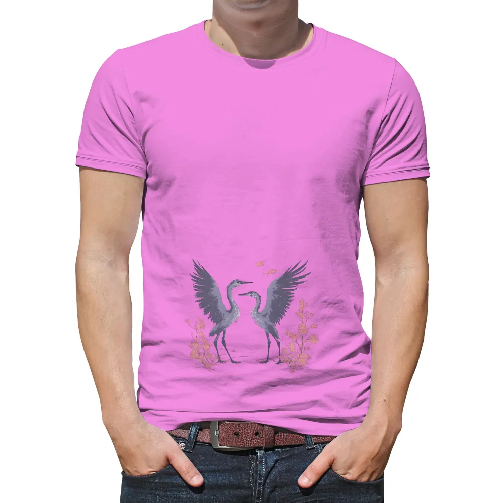 Shirts Graphic Tees: Herons in Harmony | Nature-Inspired Design| delicate pink flowers