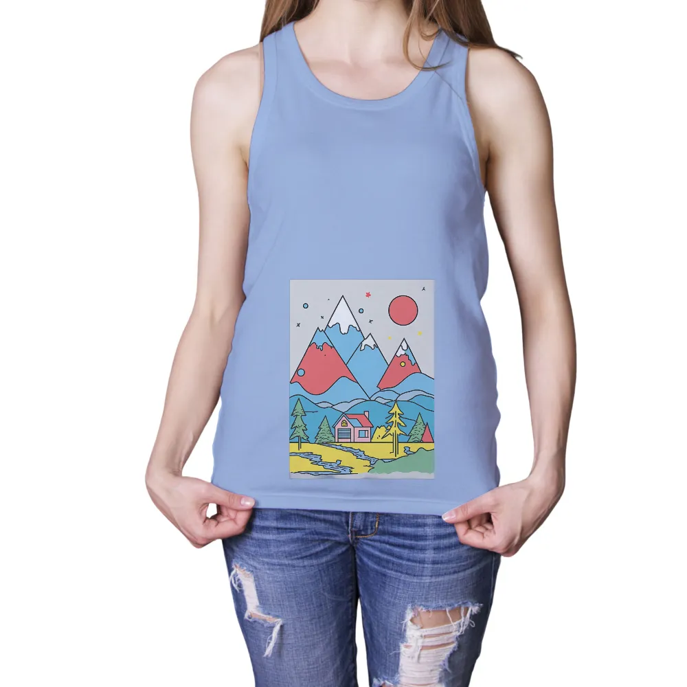 Mountain Nature Design: Serene Landscape with House, River, and Stars|adventure time dancing with monsters shirt