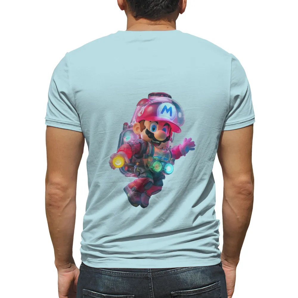 Shirts Graphic Tees: Cyberpunk Mario - Futuristic Gaming Adventure|white and neon pink shirt