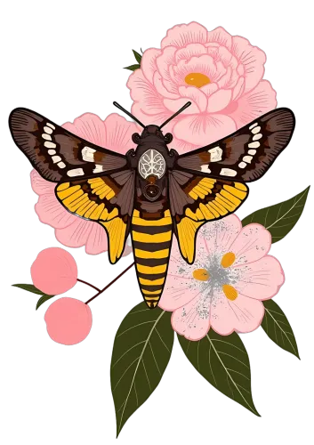 Graphic Tees: Moth & Pink Flower - Nature's Harmony