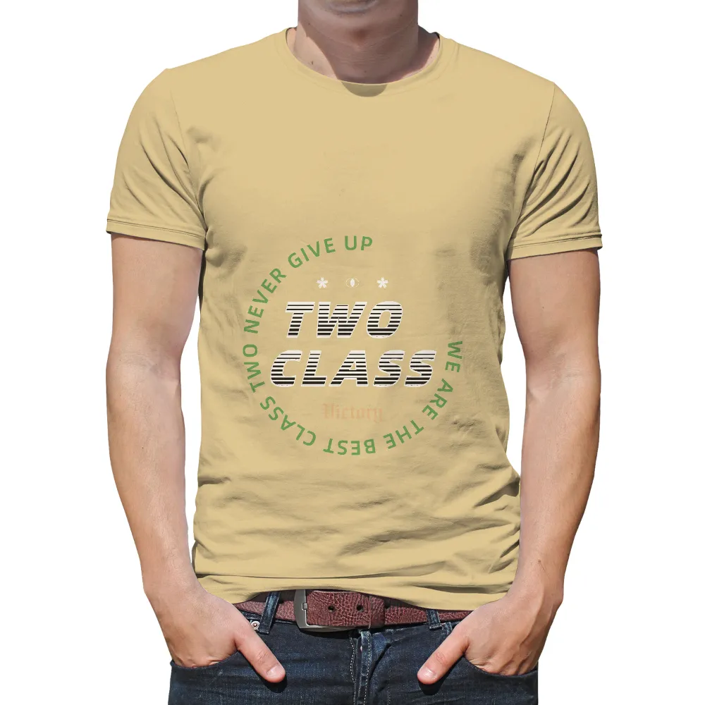 T-Shirts Pattern: Two Class Team Emblem - Never Give Up, We Are The Best|best shirt to wear with sunburn