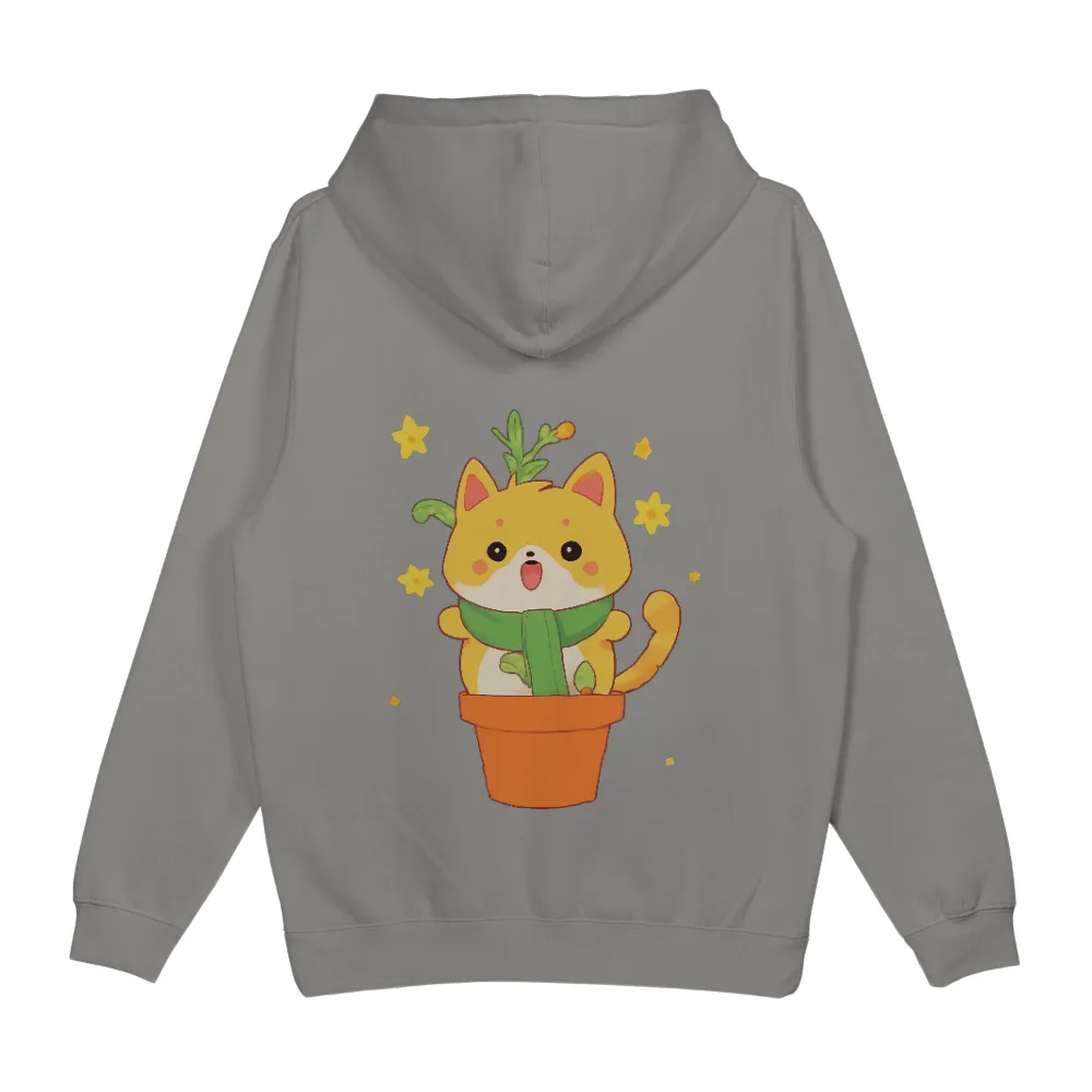 TShirt Design: Whimsical Yellow Cat in Orange Flower Pot|Charming yellow cat with rosy cheeks and expressive eyes