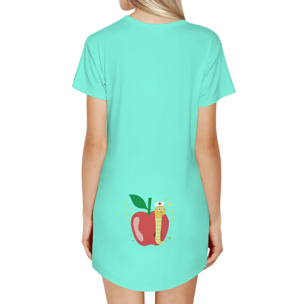 TShirt Design: Whimsical Apple with Nurse Worm|Whimsical apple with a nurse worm