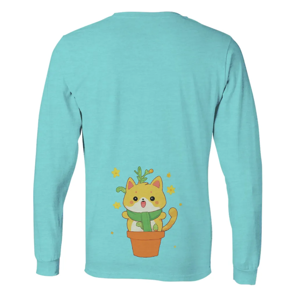 TShirt Design: Whimsical Yellow Cat in Orange Flower Pot| yellow cat wearing a green scarf