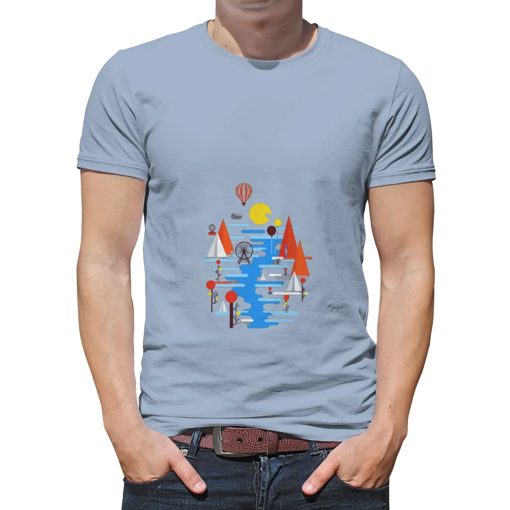 Tee Shirts Printed: Adventure by the Sea with Hot Air Balloon and Sailboats| ferris wheel