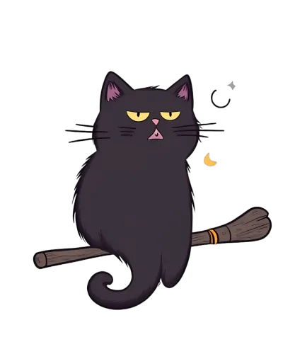 TShirt Design: Luna's Midnight Adventure - Black Cat on Broomstick