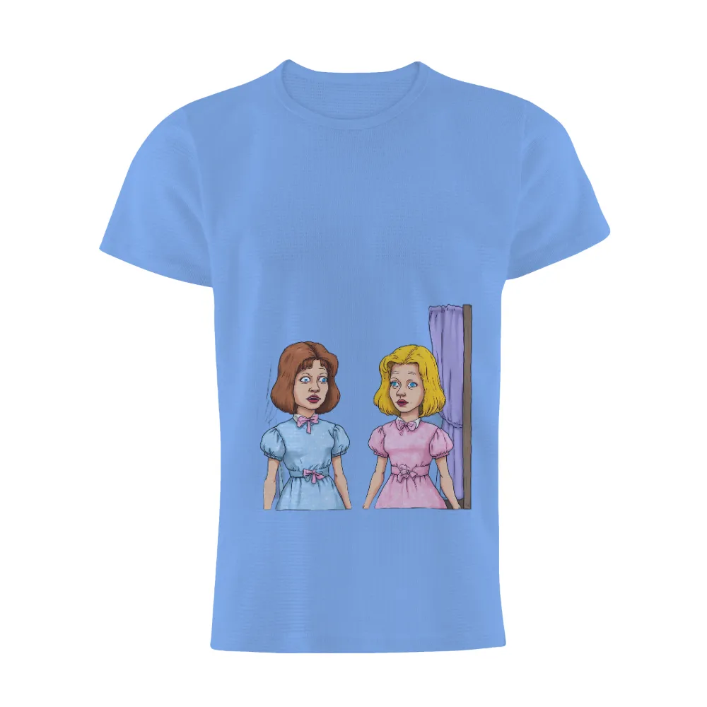 Custom Tee Shirts: Haunting Twins from Classic Horror Film| Purple curtain