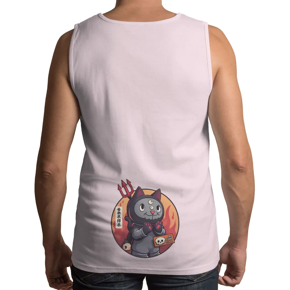 Custom Tee Shirts: Luna, Guardian of the 666 Club| Small figure peeking out from behind a cat