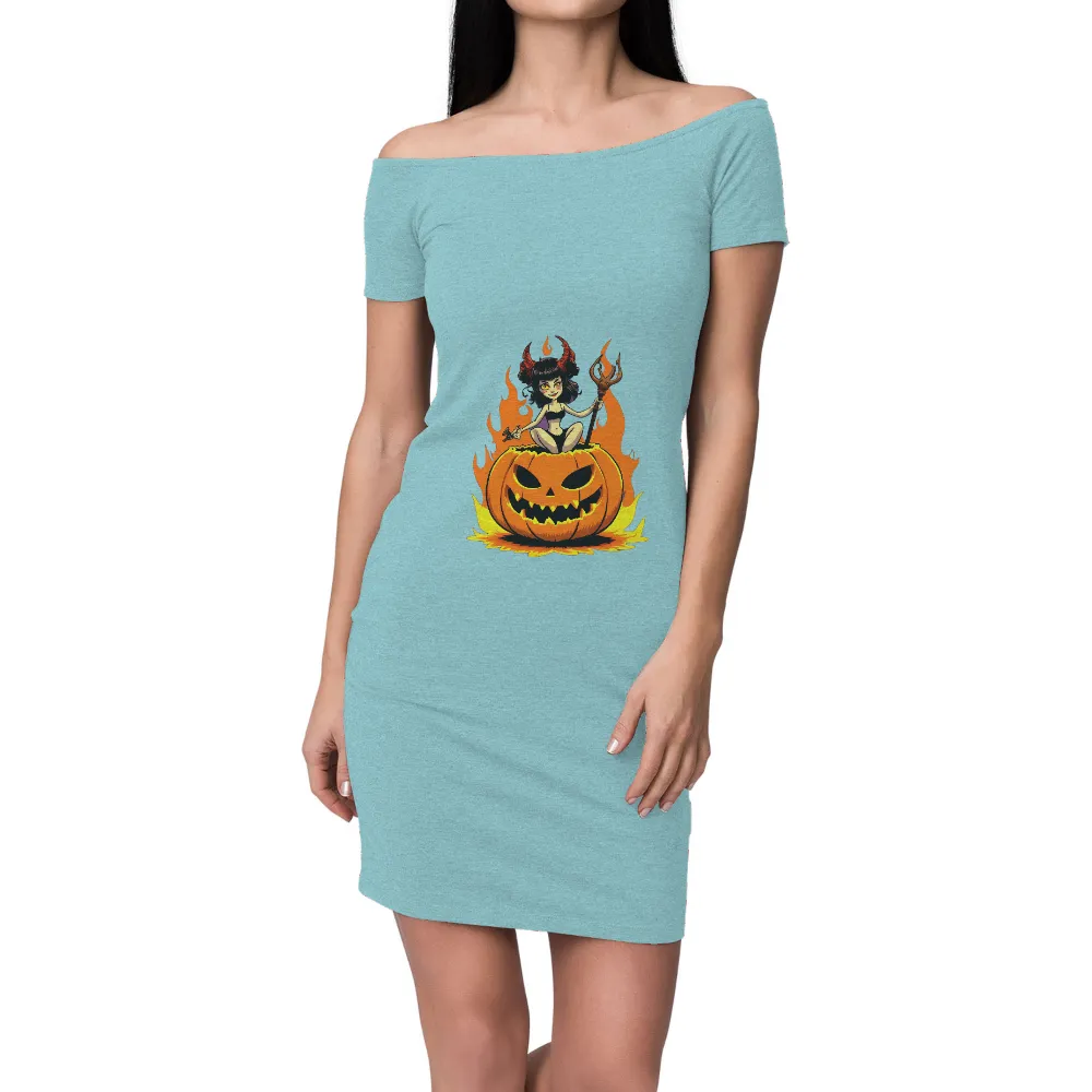 Custom T-Shirt Printing: Halloween Devil Girl with Jack-O-Lantern|Devil girl sitting on a jack-o-lantern