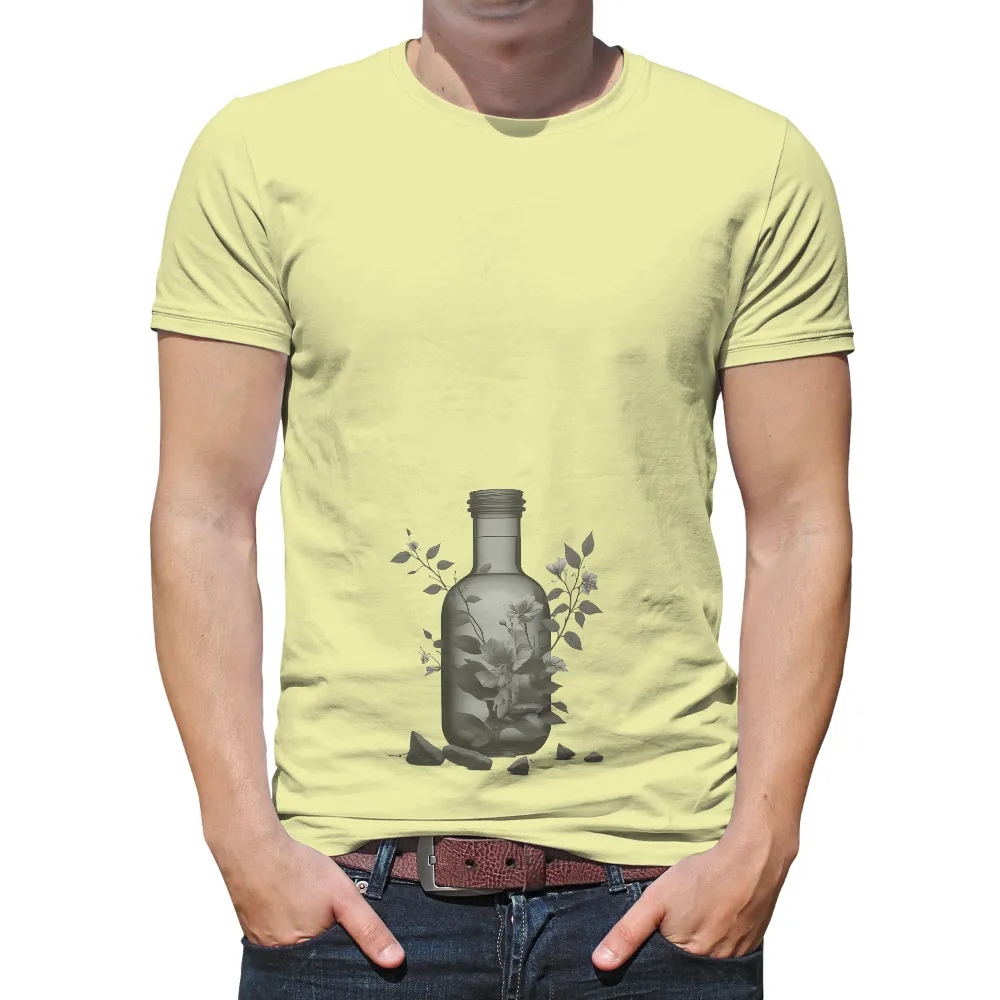 Customized Tee Shirts: Monochrome Bottle with Floral Elegance|t shirt painting on nature