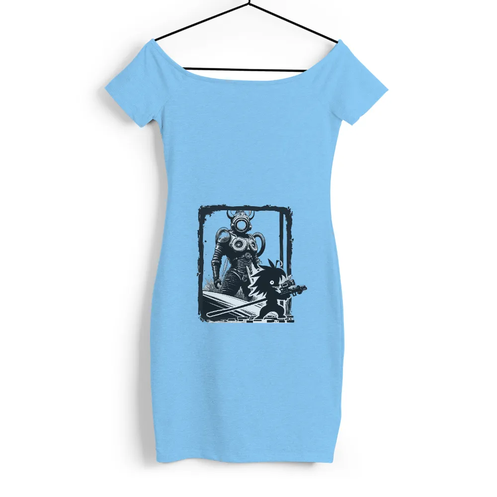 Retro Futuristic T-Shirt Design: Armored Diver and Mischievous Creature| mischievous creature