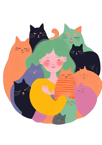 T-Shirts Pattern: Girl Surrounded by Cats - Love and Companionship