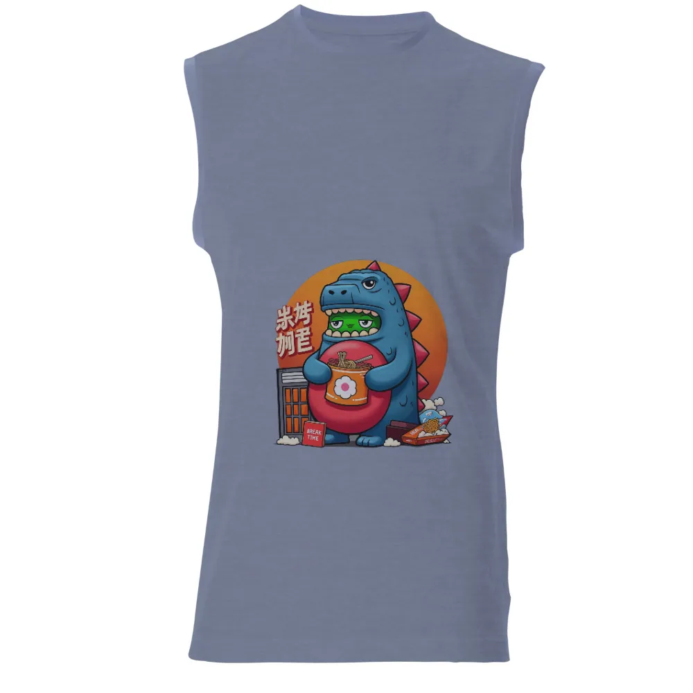 Tee Shirt Printing: Monster's Noodle Break - Funny & Whimsical Design|Giant blue monster with green face