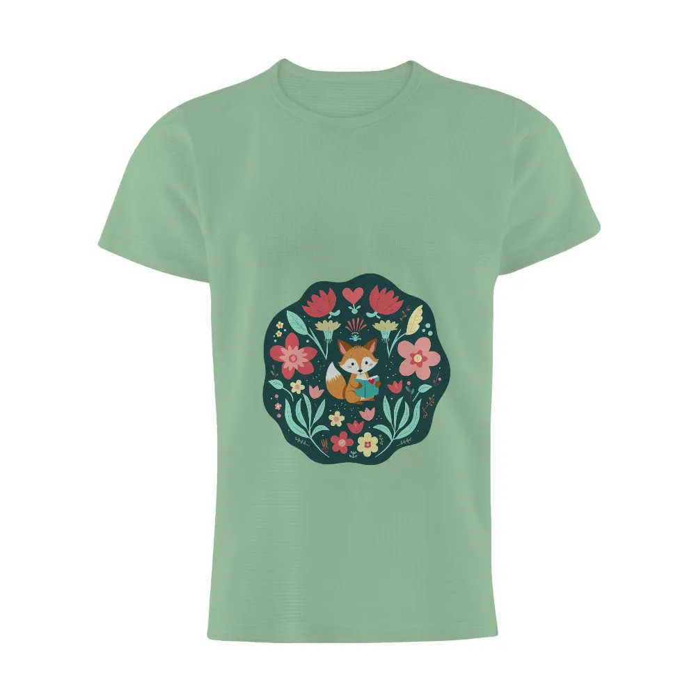 T-Shirts Custom: Whimsical Fox Reading Among Flowers|men's art cotton colorful printed loose casual shirts