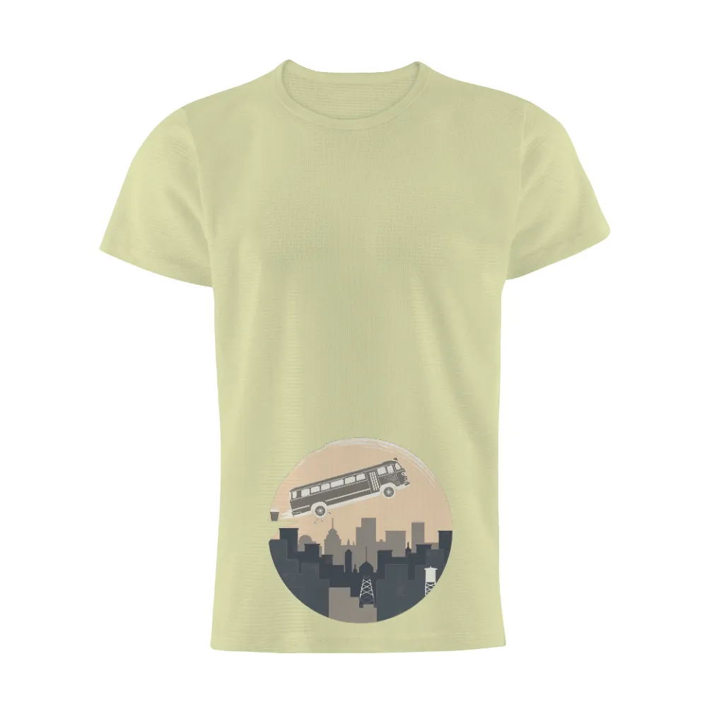 Custom T-Shirt Printing: Vintage Bus Soaring Over Cityscape|freedom graffiti