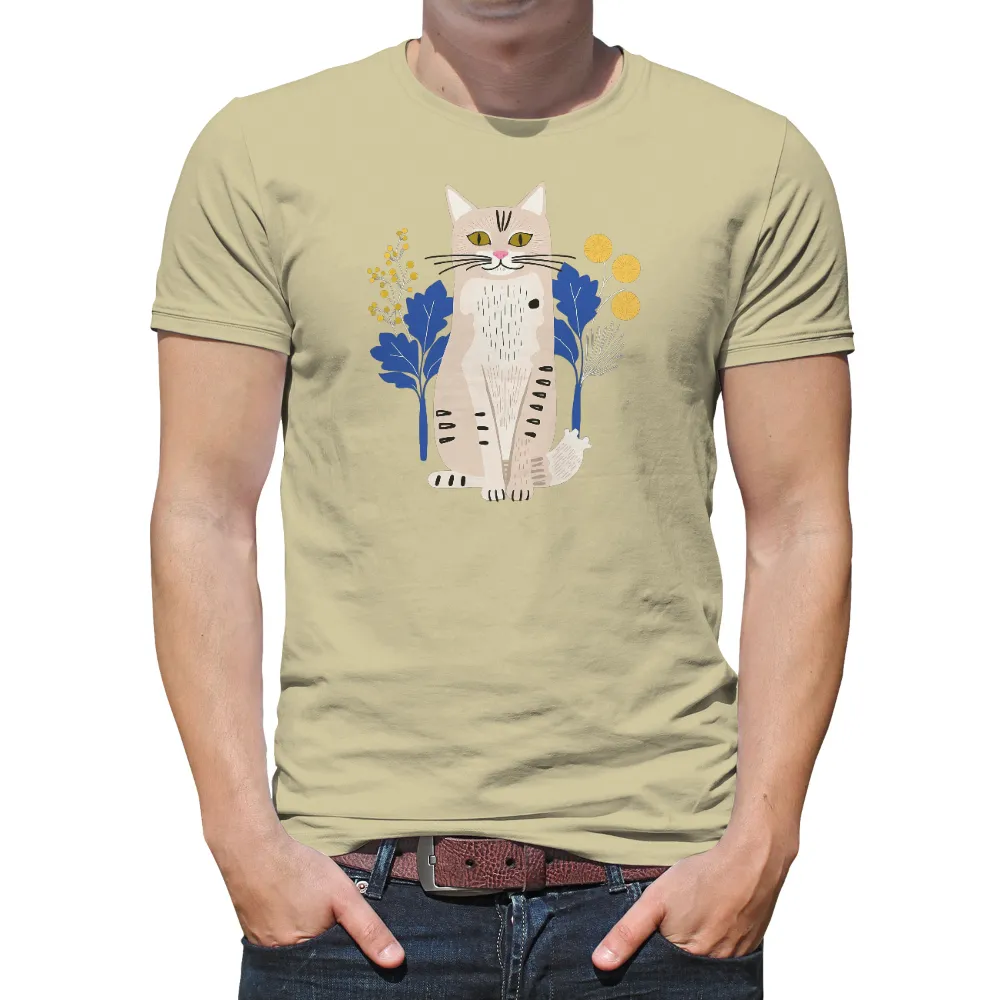 Customized Tee Shirts: Serene Cat Among Flowers| Deep black background