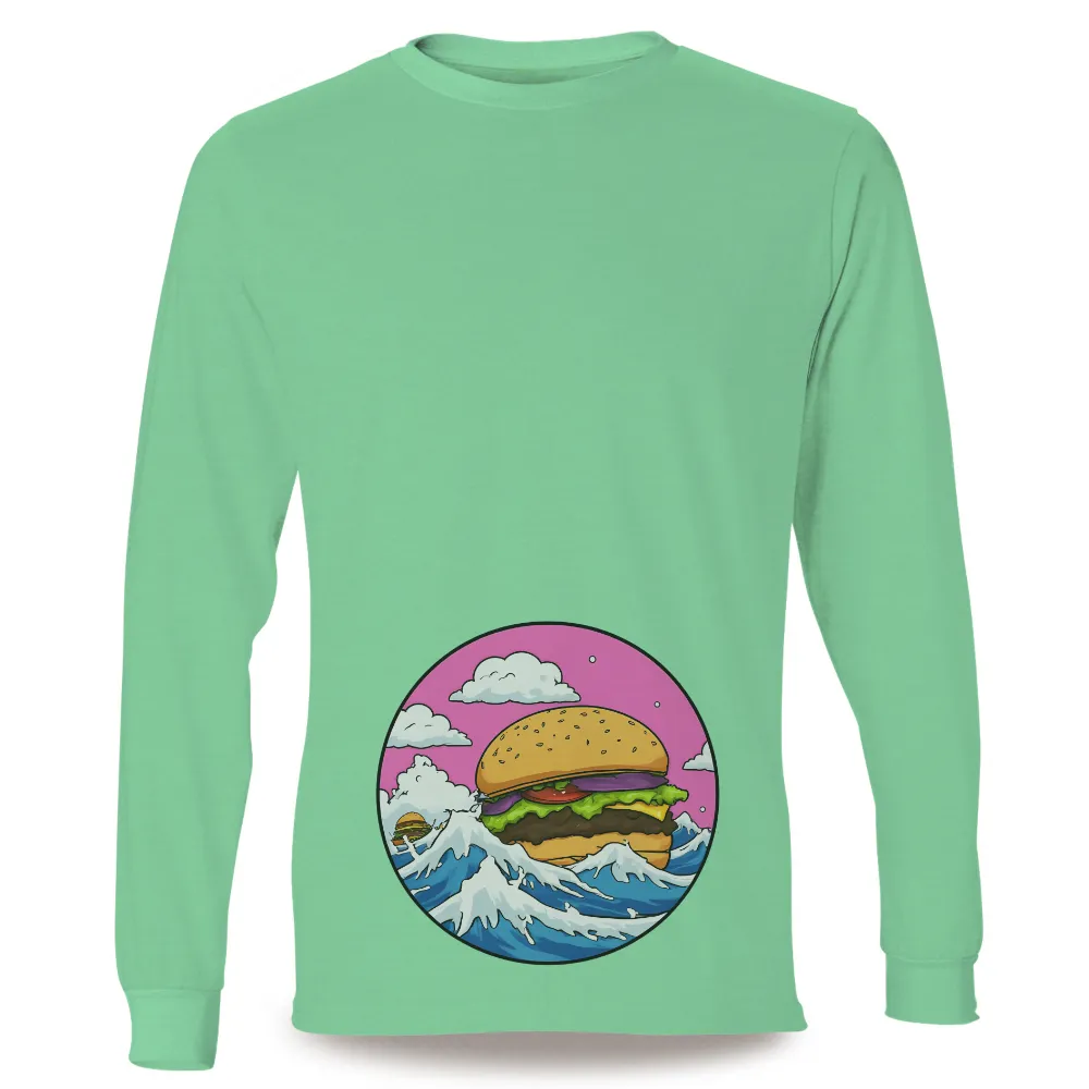 Shirts Graphic Tees: Burger Waves - Funny & Whimsical Food Art|fantasy factory beer shirt