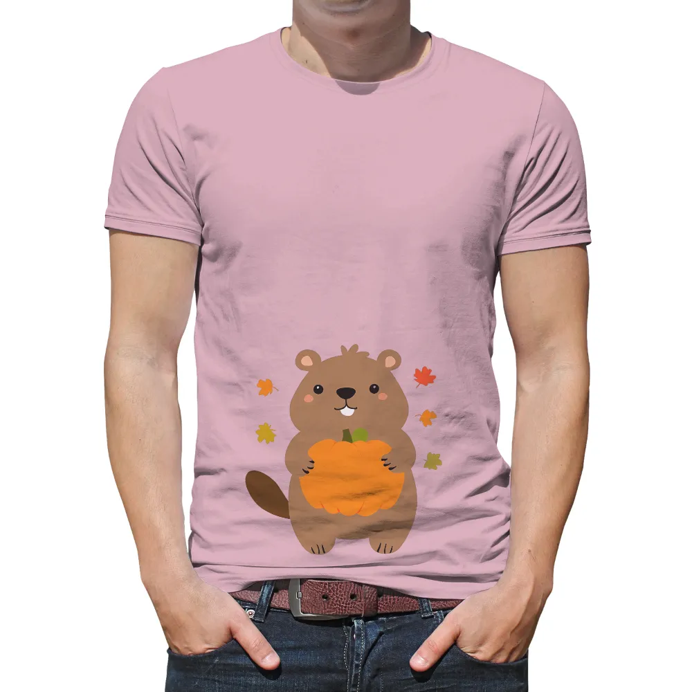 Tee Shirts Printed with Benny the Beaver Holding a Pumpkin|autumn falls white shirt