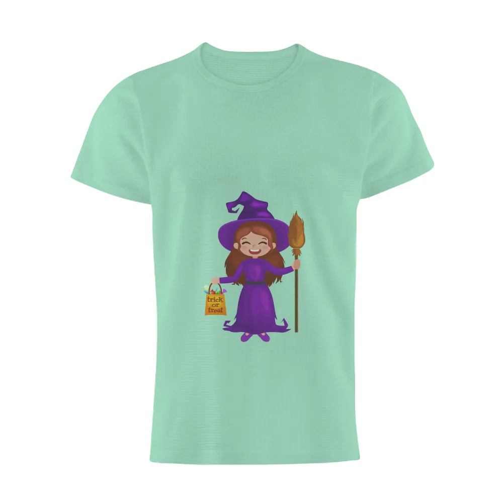 Tee Shirts Printed: Cheerful Witch in Purple Dress for Halloween|pokemon magic shirt 1999