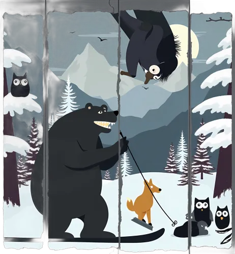 T-Shirts Design: Bear and Dog Skiing Adventure