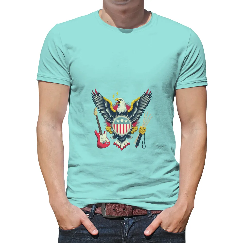 TShirt Printing: Rock and Roll Spirit with Eagle, Guitar, and Drumsticks| American flag